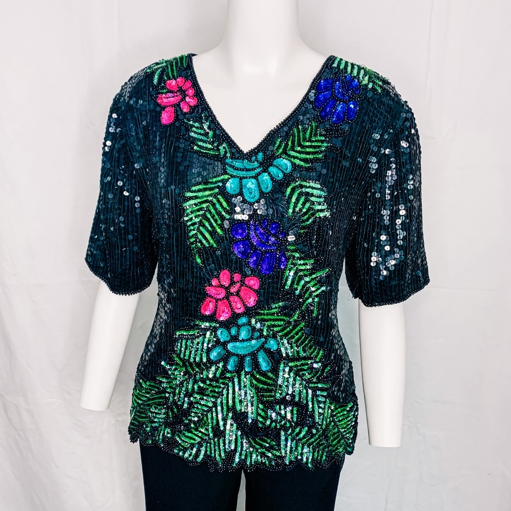 VINTAGE 100% Silk Sequin Top | Size L fits like a Med.